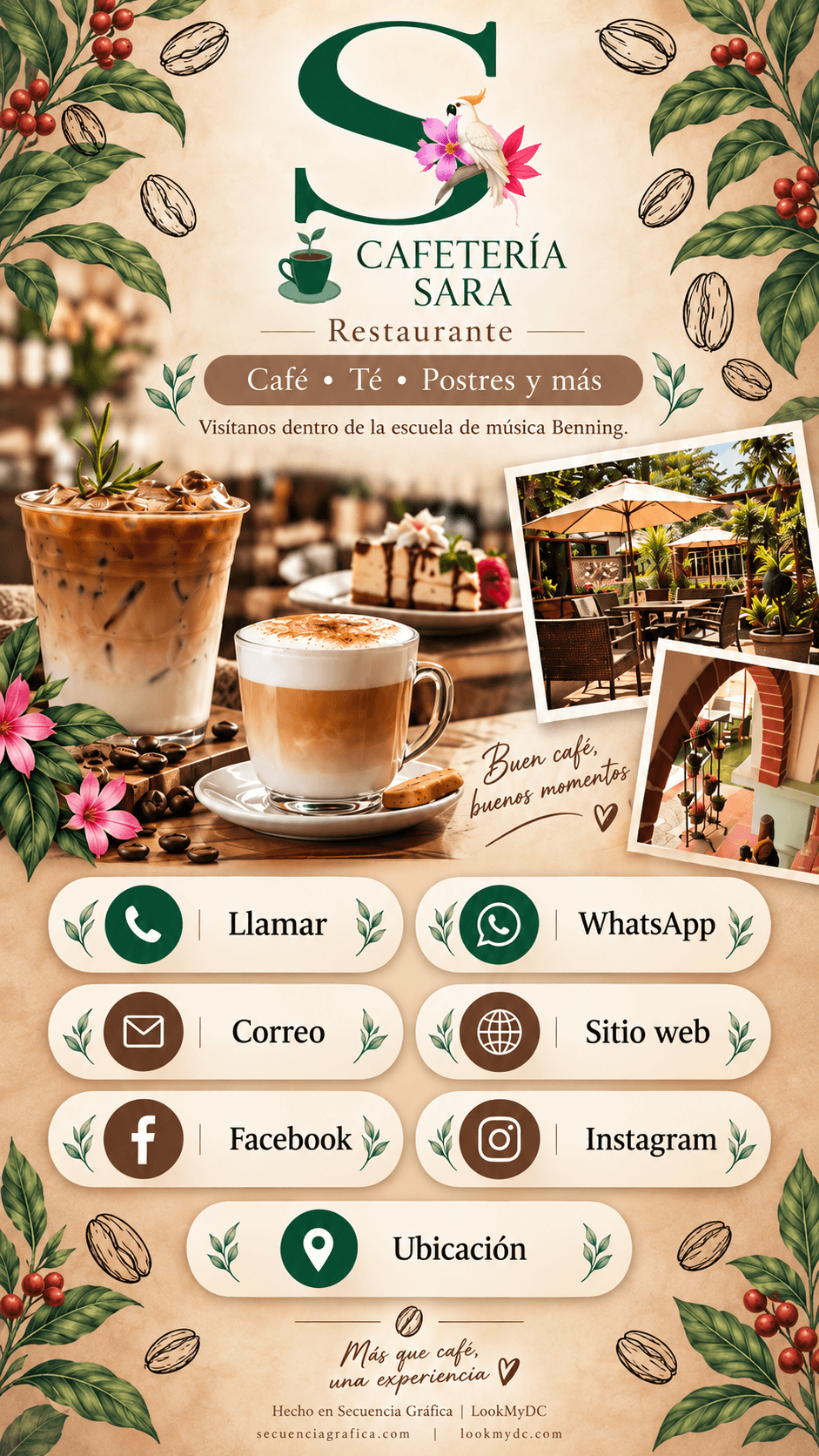 Cafetería Sara. Café, té, postres y más. Visítanos dentro de la escuela de música Benning. Botones de contacto disponibles abajo.